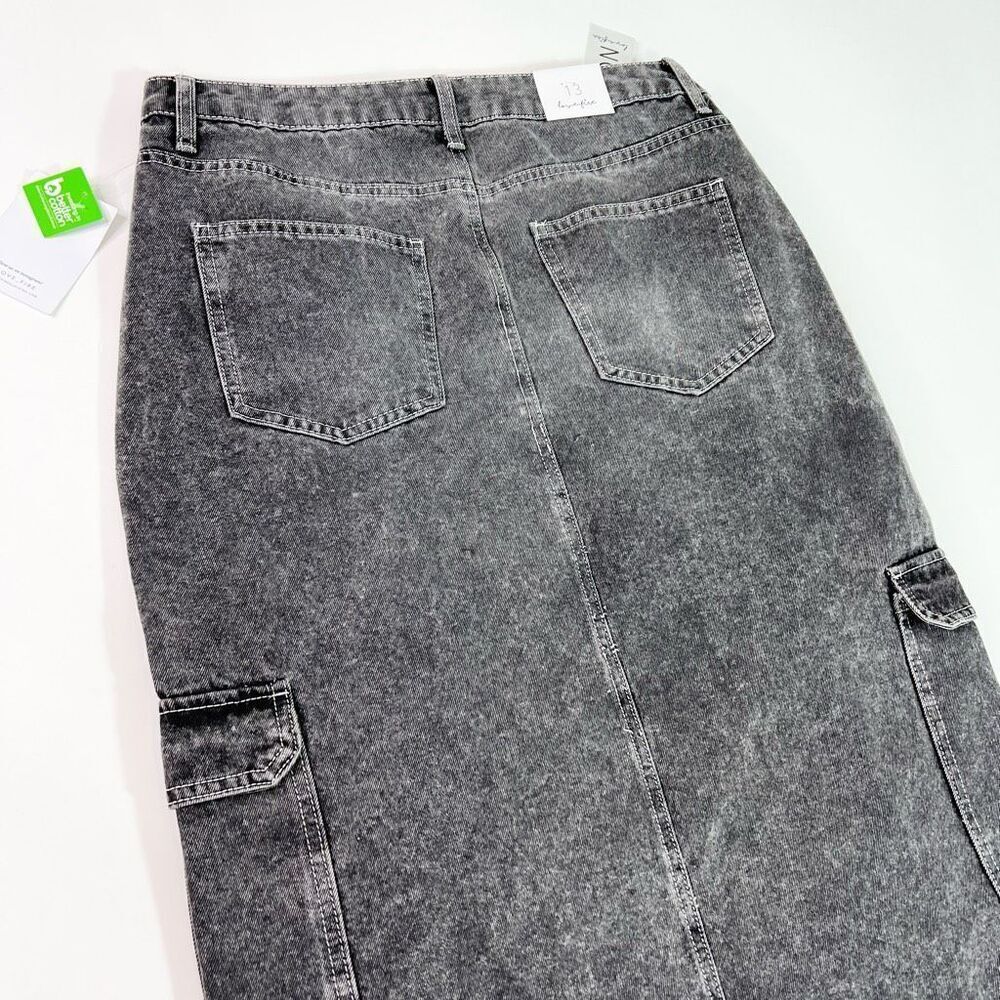 LOVE, FIRE Retro Slit‎ Jean Denim Maxi Skirt Size 13 Black Acid Wash 90s Grunge - Picture 8 of 9
